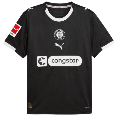 camisa st pauli 25/26 terceira preta patch bundesliga, camisa oficial st pauli preta com patch campeonato alemão, camisa fc st pauli caveira torcedor patch oficial, camisa alternativa st pauli 2025 escudo centralizado, camisa puma st pauli terceira 25/26 
