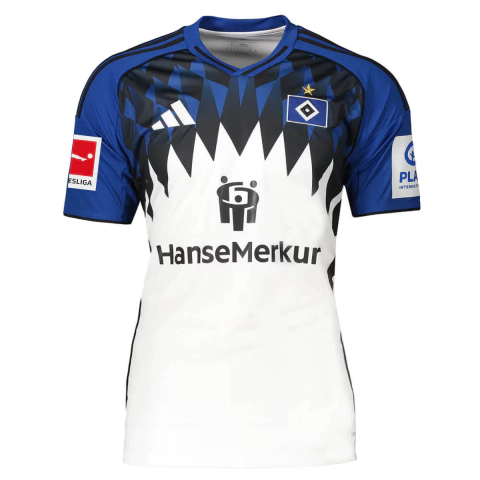 camisa hamburgo 25/26 patch bundesliga, camisa titular hsv 2025 branca, camisa diamond hamburgo sv, camisa oficial torcedor hsv masculina, camisa adidas hamburgo patch oficial, camisa branca azul e preta hsv, camisa gola V hamburgo 2025, uniforme hamburgo