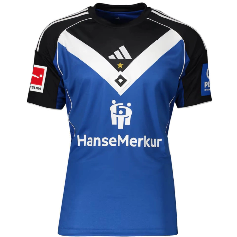 camisa hamburgo 25/26 patch bundesliga, camisa reserva hsv azul e preta, camisa torcedor hamburgo masculina, camisa oficial hamburgo sv 2025, camisa retrô anos 80 hsv, camisa com faixa em V hamburgo, camisa escudo integrado losango hsv, uniforme hamburgo 