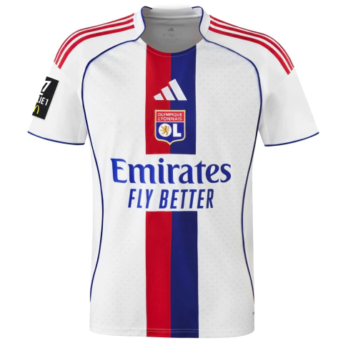 camisa lyon 25/26 patch ligue 1, camisa oficial lyon 2025, camisa torcedor olympique lyonnais, camisa branca lyon azul vermelho, camisa gola teamgeist lyon, camisa lyon lugdunum, camisa mosaico galo romano lyon, camisa adidas lyon 25/26, uniforme lyon lig