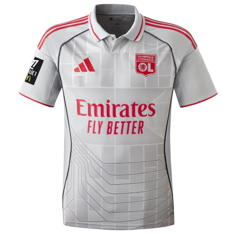 camisa lyon 25/26, camisa lyon 2025 2026, camisa lyon terceira, camisa lyon third, camisa lyon iii, camisa lyon ligue 1, camisa lyon com patch, camisa lyon cinza, camisa lyon torcedor, camisa lyon masculina, uniforme lyon 25/26, camisa oficial lyon 25/26,