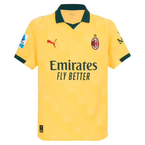 camisa milan 25/26 terceira patch serie a, camisa milan amarela com patch oficial, camisa torcedor milan 2025 patch campeonato italiano, camisa milan gola verde patch serie a, camisa oficial milan puma patch serie a 2025, camisa milan monograma acm patch 