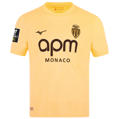camisa mônaco 25/26 amarela patch ligue 1, camisa terceira mônaco 2025 oficial, camisa mônaco mizuno com patch, camisa torcedor mônaco amarela 2025, uniforme third mônaco 25/26 ligue 1, camisa mônaco daghe munegu patch, camisa mônaco escudo preto e dourad