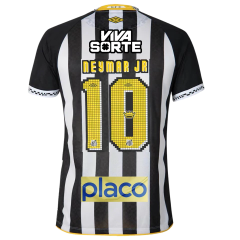Camisa Santos II 2526 - Com Patrocínio e Nome  Neymar Jr N°10 - Torcedor - Masculino - Branca e Preta