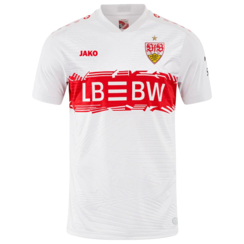 camisa stuttgart 25/26 branca, camisa titular vfb stuttgart 2025, camisa torcedor stuttgart branca, camisa oficial stuttgart 25/26, uniforme home stuttgart 2025, camisa stuttgart faixa vermelha, camisa stuttgart escadarias stäffele, camisa stuttgart jakO 