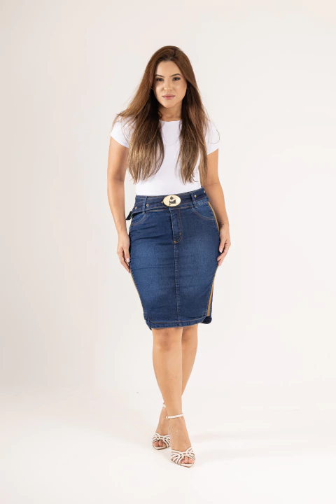 Saia Secretária Jeans Azul com Cinto (Ref. 1162A) - comprar online