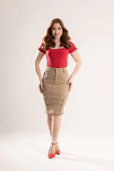 Saia Brim Secretária Caqui Bege com Lycra - Ref. 1222 - comprar online
