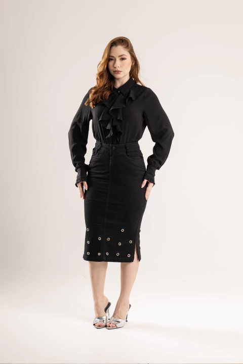 Saia Midi em Brim com Ilhós Brilhantes (Ref. 1210) - comprar online