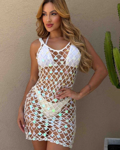 Vestido Tela Crochê Paetês Halter Curto Saída de Praia Brilho