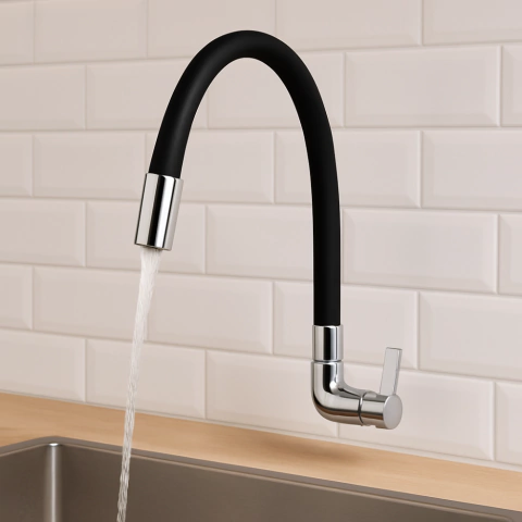 TORNEIRA DE COZINHA COM BICA MOVEL FLEX PRETA PAREDE