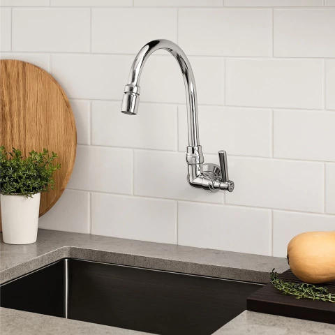 TORNEIRA DE PAREDE PARA COZINHA COM BICA MOVEL COM 1/4 DE VOLTA LEKA