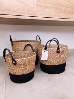 Canasto yute combinado manija cuero negra - comprar online