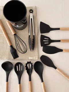 Set utensilios de silicona mango de madera - comprar online