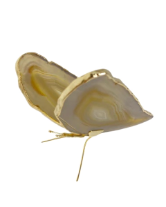 borboleta decorativa rosa pedra natural ágata bege com borda banhada a ouro