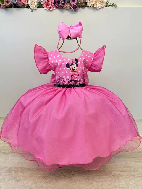 Vestido Infantil Rosa Minnie Saia C/ Glitter Festas
