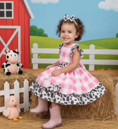 Vestido Tematicos Kids Fazendinha Rosa Vaquinha - Coroa Encantada - Roupa Social Infantil