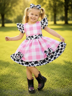 Vestido Infantil Xadrez Branco Rosa Fazendinha Vaquinha Laço