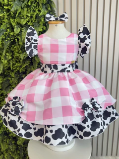 Vestido Infantil Xadrez Branco Rosa Fazendinha Vaquinha Laço - loja online