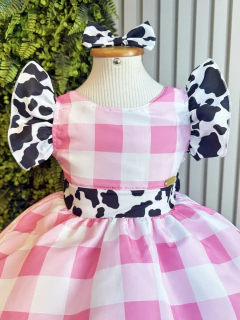 Imagem do Vestido Infantil Xadrez Branco Rosa Fazendinha Vaquinha Laço