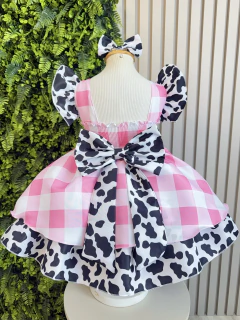 Vestido Infantil Xadrez Branco Rosa Fazendinha Vaquinha Laço