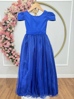 Vestido Infantil Azul Royal Longo de Princesa Brilhante e Mangas