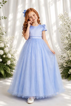 Vestido Infantil Azul Bebe Longo de Princesa Brilhante e Mangas