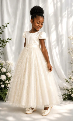 Vestido Infantil Marfim Longo de Princesa Brilhante e Mangas na internet