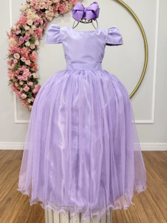 Vestido Infantil Lilás Longo de Princesa Brilhante e Mangas - loja online