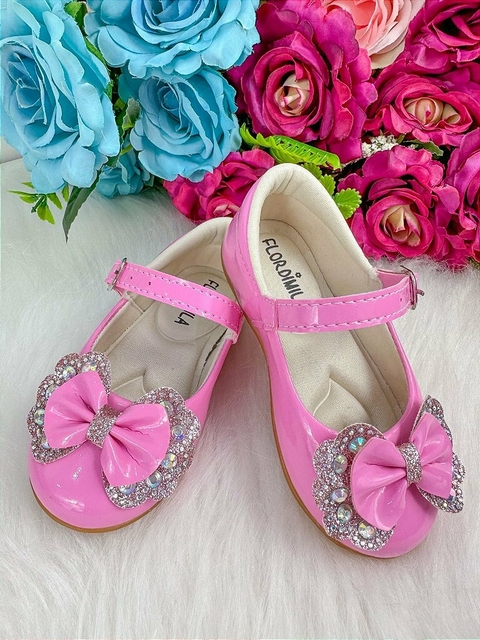 Sapatilha Flor Di MIla Baby Rosa Chiclete Lacinho Strass
