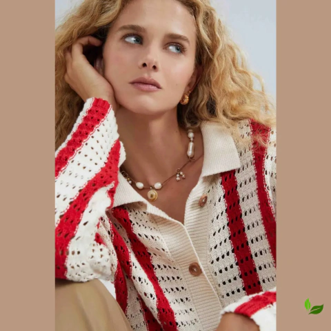 Blusa Cardigan Tricot Vermelho e Branco Hering
