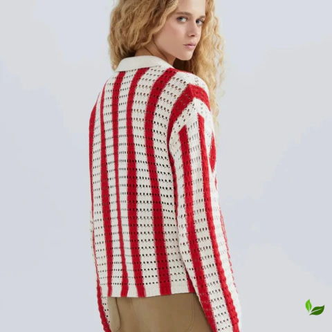 Blusa Cardigan Tricot Vermelho e Branco Hering