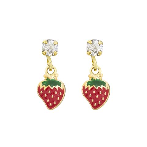 BRINCO MORANGO COM PEDRINHA CRISTAL BANHADO A OURO