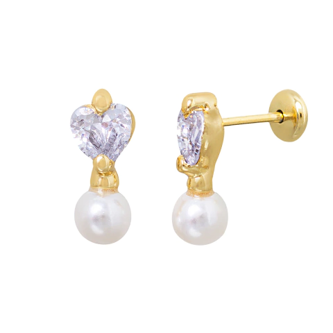 BRINCO CORAÇÃO DE ZIRCÔNIA E PEROLA BANHADO A OURO