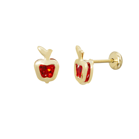 BRINCO FIXO MAÇA COM PEDRA VERMELHA BANHADO A OURO