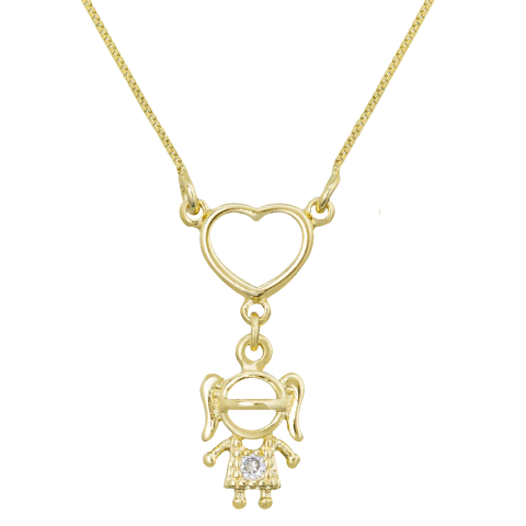 COLAR CORAÇÃO E PINGENTE DE MENINA CRAVEJADA BANHADA A OURO - comprar online
