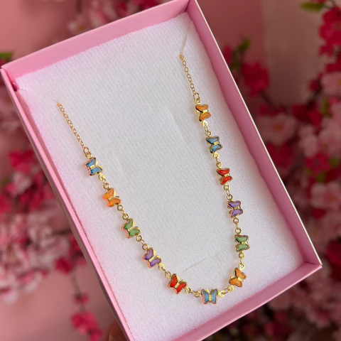 COLAR BORBOLETAS DE CRISTAL COLORIDAS BANHADA A OURO