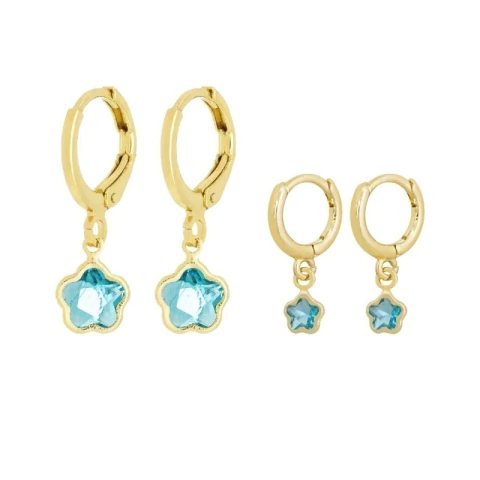 CONJUNTO DE BRINCOS ARGOLINHA MÃE E FILHA FORZINHA AZUL BANHADO EM OURO
