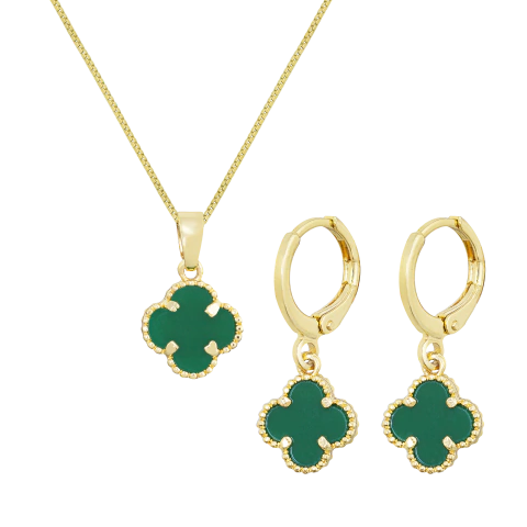 CONJUNTO BRINCO E COLAR TREVO VERDE BANHADO A OURO