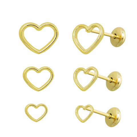TRIO DE BRINCO FIXO CORAÇÃO LISO BANHADO A OURO