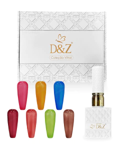Kit de esmaltes em gel D&amp;Z Coleção Vitral com 7 amostras de cores translúcidas e embalagem branca texturizada