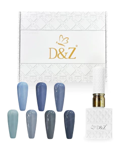Kit de esmaltes em gel D&amp;Z Coleção Oceano com 8 amostras de cores azuladas e embalagem branca com detalhes em relevo