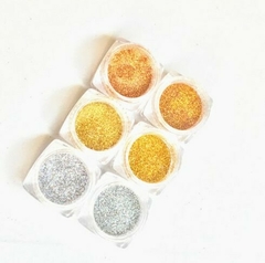 Glitter Fino Efeito Holográfico Dourados e Pratas