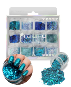 Kit com 12 potes de glitter flocado em diferentes tons de azul para decoração de unhas, incluindo aplicação em unhas decoradas e glitter derramado