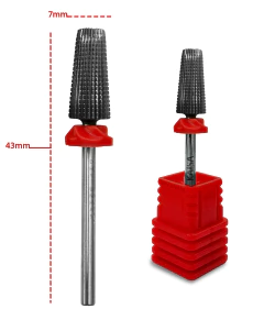 Broca de tungstênio com topo arredondado estilo umbrella, medindo 7mm de diâmetro por 43mm de comprimento, com haste metálica e base vermelha protetora.