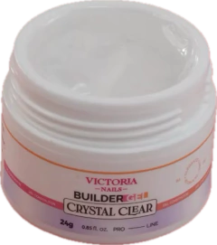 Gel construtor Crystal Clear da Victoria Nails em pote aberto com gel transparente para alongamento de unhas