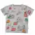 Camiseta infantil com estampa de Londres, incluindo ônibus vermelhos e pontos turísticos.