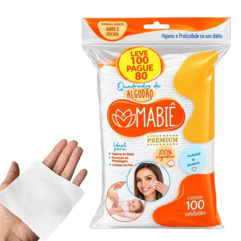 Algodão Quadrado Hidrófilo C/100 em Pacote Ziplock - Mabiê