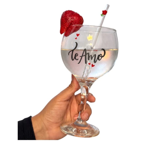 Set 2 Piezas Copa de Gin "Te Amo" + Sorbete de Vidrio con Aplique de Rosa - Edición Exclusiva Pandy Store