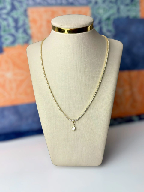 Colar Riviera com Pingente Zircônia Redonda Banhado a Ouro 18k