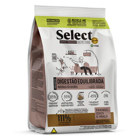 Ração Seca Select By Monello Frango, Ovos e Maçã - Cães Adultos Raças Médias e Grandes - Digestão Equilibrada - 10,1kg